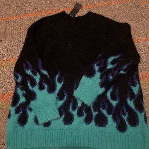 Adika Fuzzy Black and Teal Flame Sweater